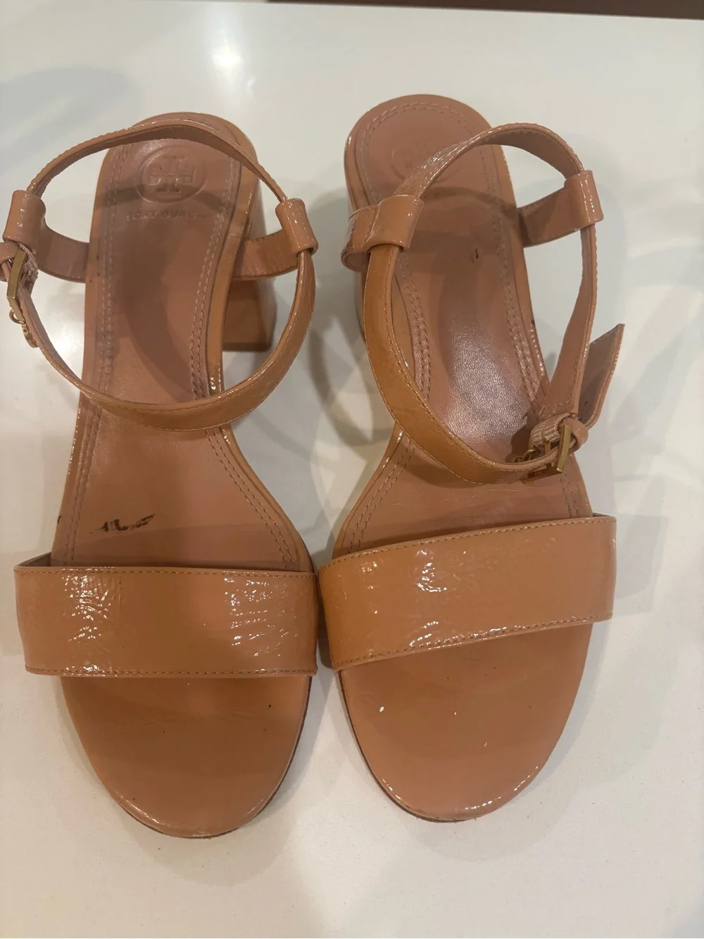 Tory Burch Patent Leather Block Heel Sandals in Tan 8